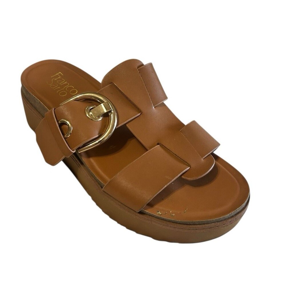 Franco Sarto Cognac Leather Wedge Slide with Gold Buckle